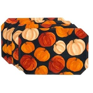 Pumpkin Linen Print Fabric Placemats Fall Autumn Halloween Seasons Set of 4